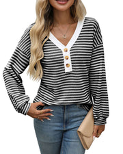 women's v-neck button pullover top, view 6 - MRSLM
