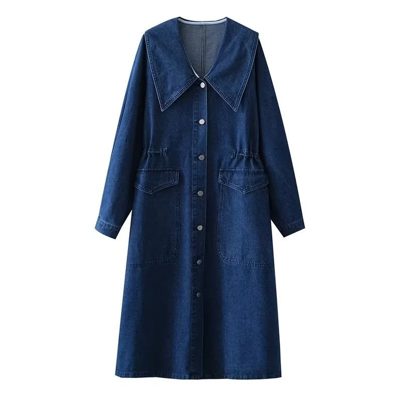 long sleeve blue denim dress, view 7 - MRSLM
