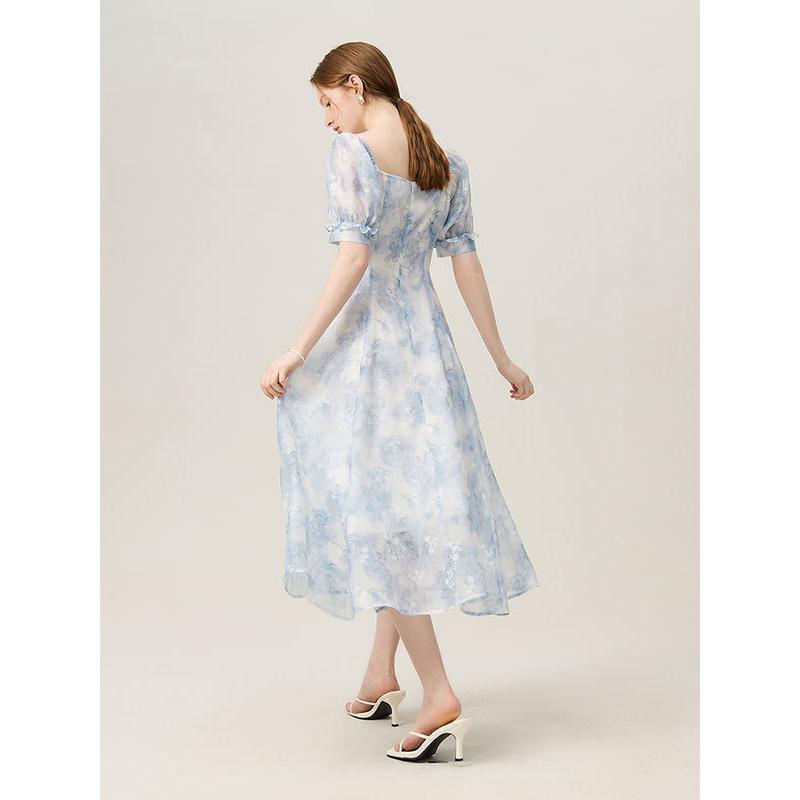 blue floral mid-calf dress, view 6 - MRSLM