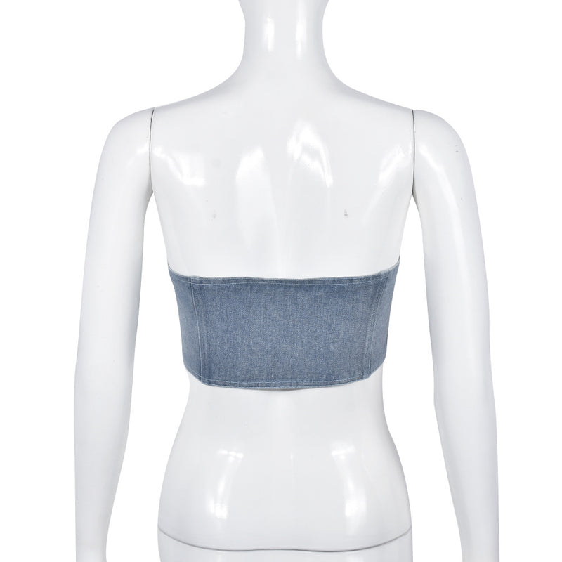 washed denim zipper tube top, view 6 - MRSLM