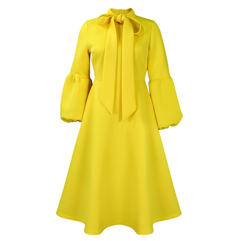 puff sleeve lace-up swing dress, view 7 - MRSLM