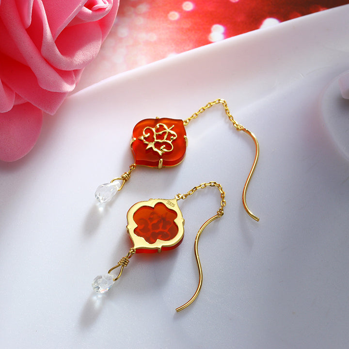 Silver-plated Natural Carnelian Double-sided Water Drop Ear Wire For Women