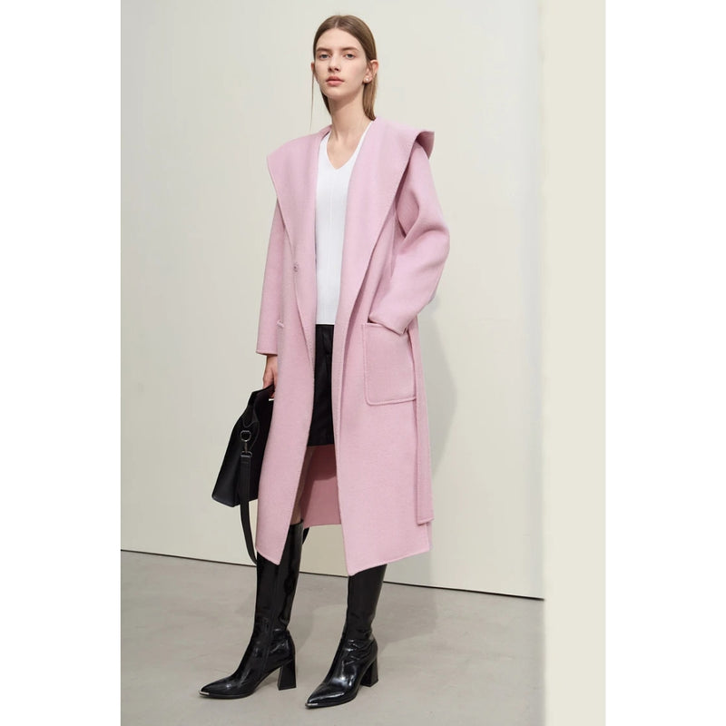 hooded long wool overcoat with belt, view 3 - MRSLM