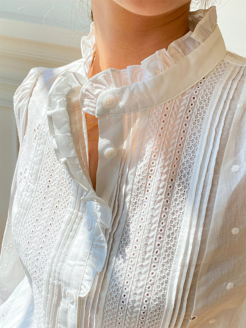 women's french puff sleeve embroidered cotton shirt, view 2 - MRSLM