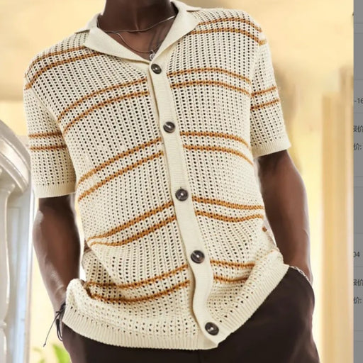men's knitted lapel short sleeve hollow cardigan - MRSLM