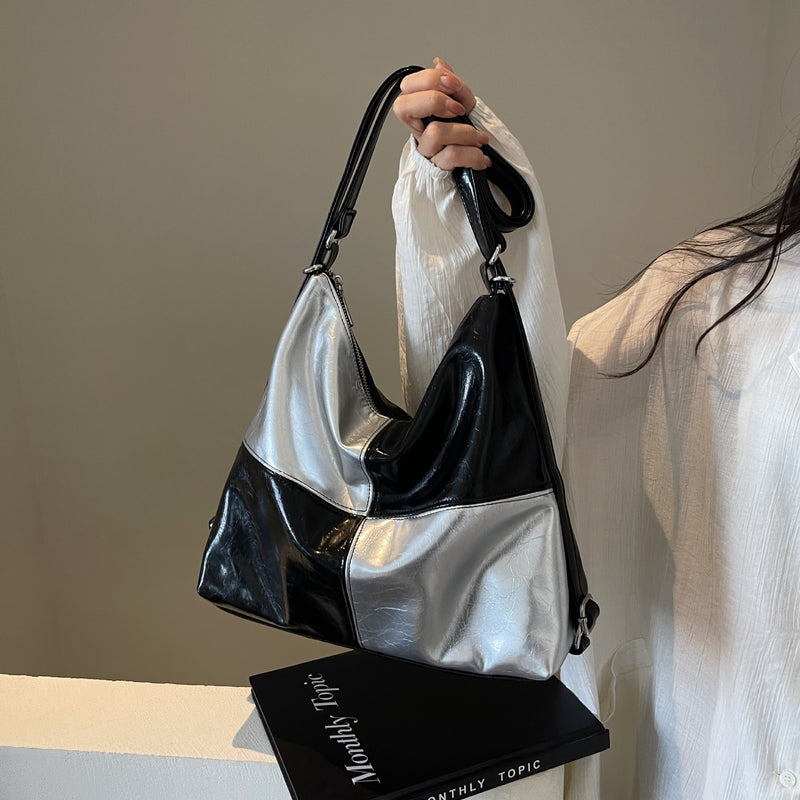 color contrast patchwork tote bag, view 7 - MRSLM