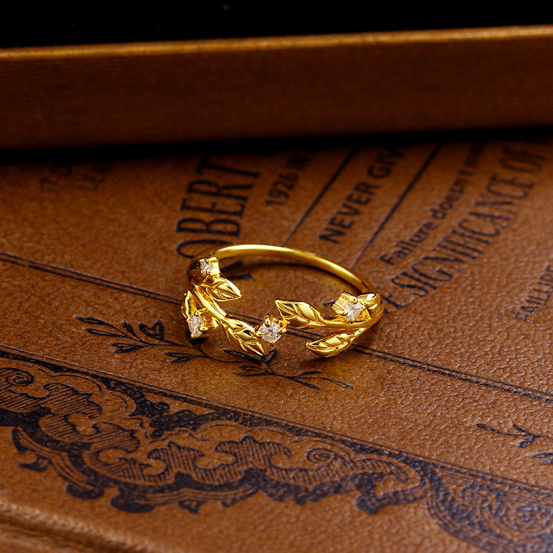 gold plated s925 silver hollow leaf zircon ring - MRSLM