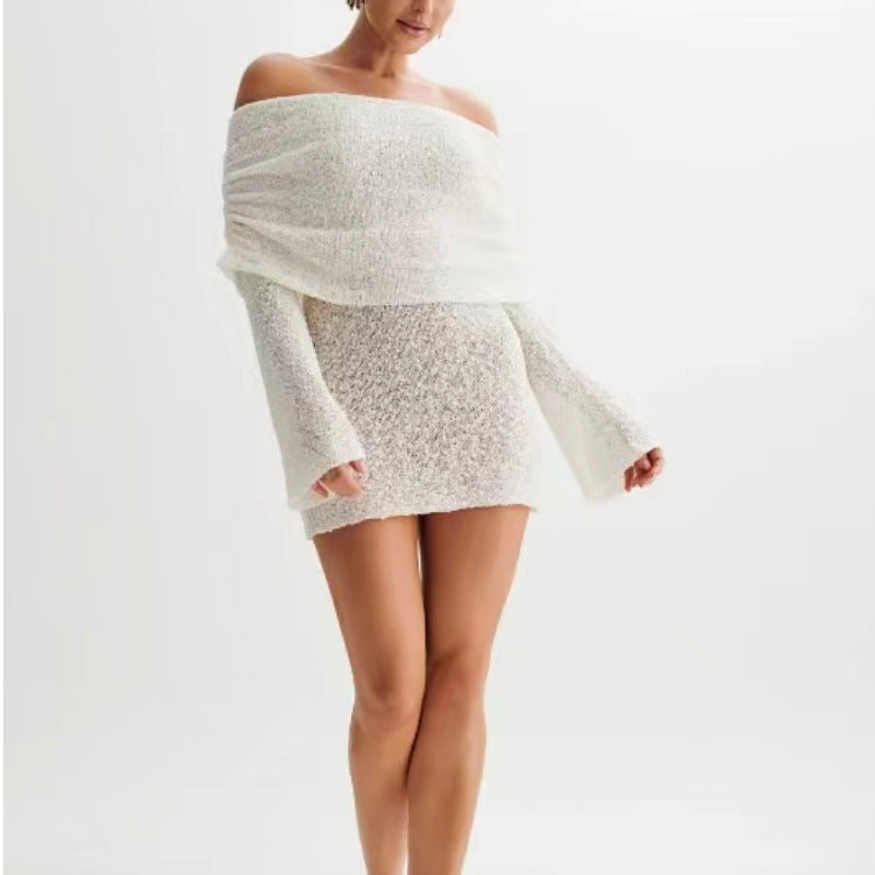 Women's hollow-out off-shoulder long sleeve short dress, view 5 - MRSLM