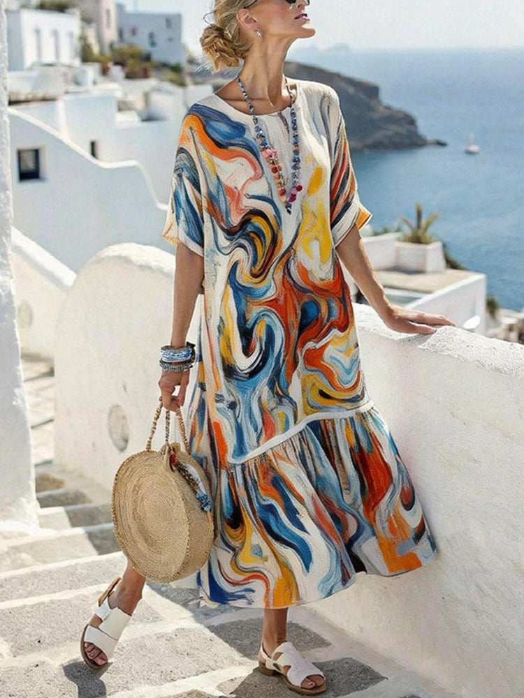digital-print pleated maxi dress, view 11 - MRSLM