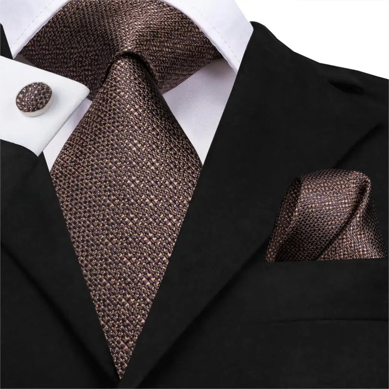 brown silk necktie set with pocket square and cufflinks, view 3 - MRSLM