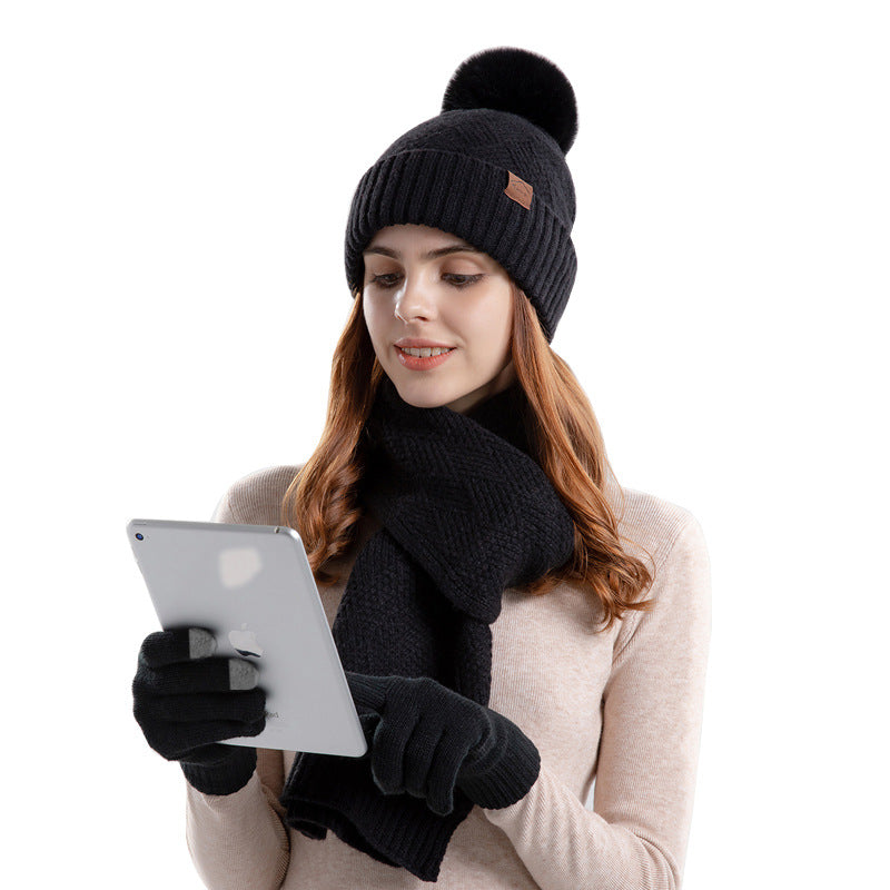winter knitted hat scarf and gloves set, view 2 - MRSLM