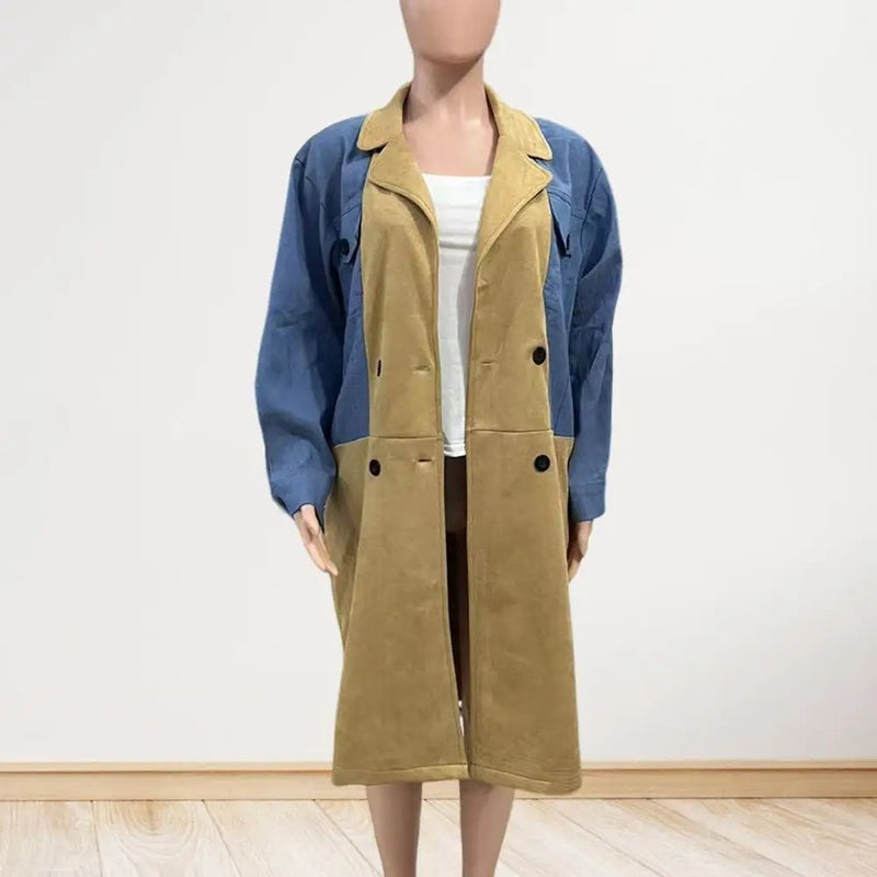 suit collar denim stitching mid-length coat, view 6 - MRSLM