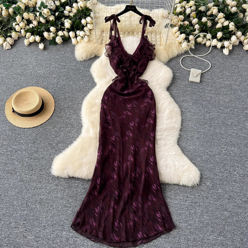 v-neck flounce halter chiffon dress - MRSLM