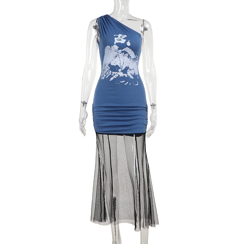 portrait print long dress women, view 6 - MRSLM