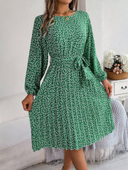 long-sleeved floral print pleated dress, view 3 - MRSLM