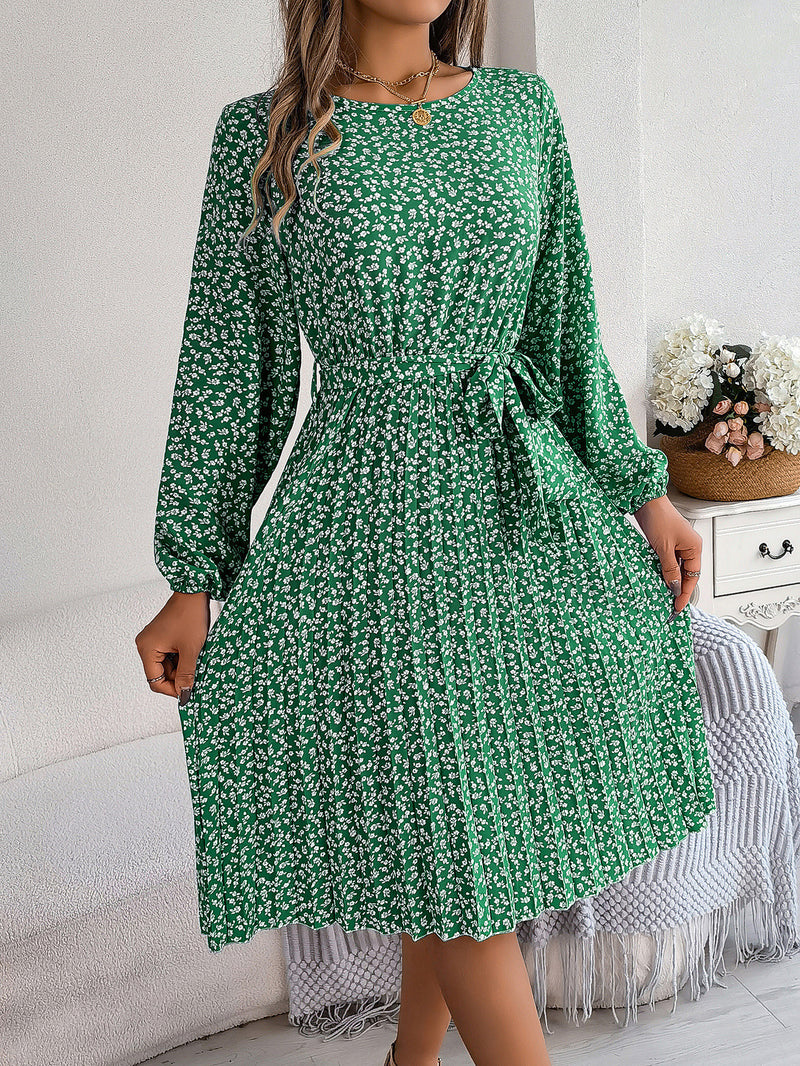 long-sleeved floral print pleated dress, view 3 - MRSLM