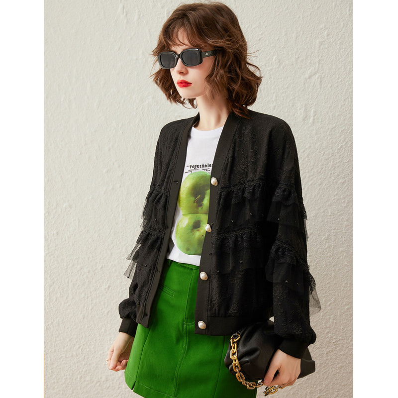 women's mesh lace beaded v-neck coat, view 2 - MRSLM