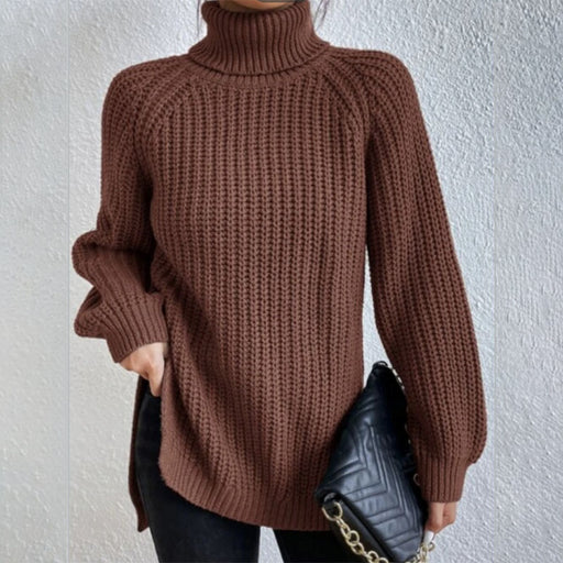 women's turtleneck pullover sweater with split design, view 13 - MRSLM