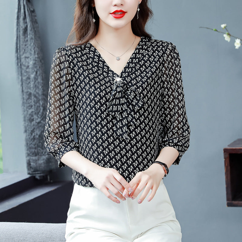 women's floral chiffon v-neck shirt, view 6 - MRSLM