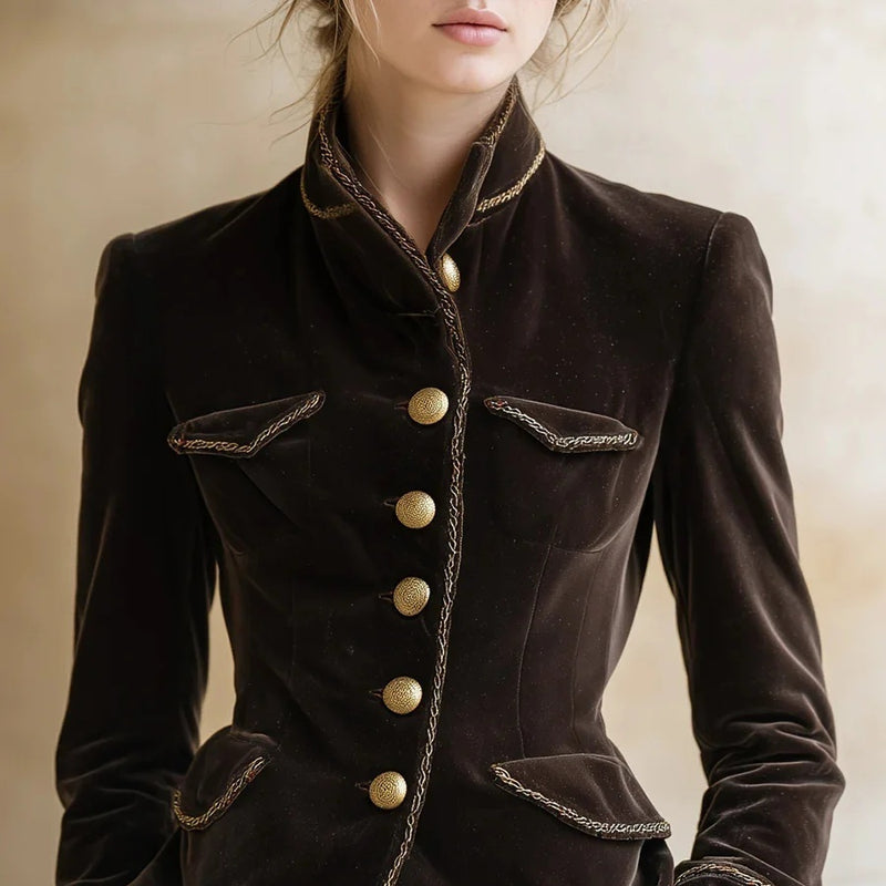 Women's velvet military-style stand-collar jacket - MRSLM