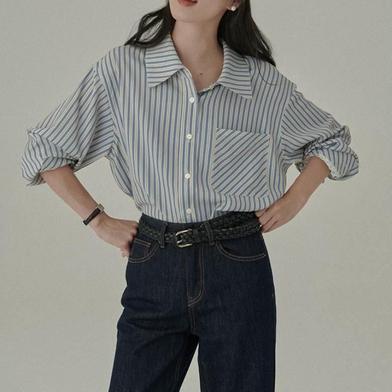 Elegant striped long sleeve blouse, view 4 - MRSLM