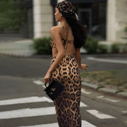 women's leopard print halter backless dress, view 3 - MRSLM