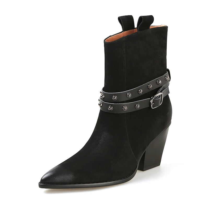 pointed toe chunky heel leather boots for women, view 3 - MRSLM