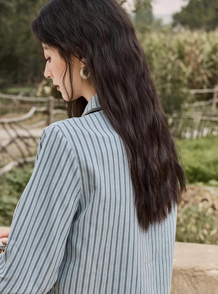 blue-grey striped patchwork blouse, view 6 - MRSLM