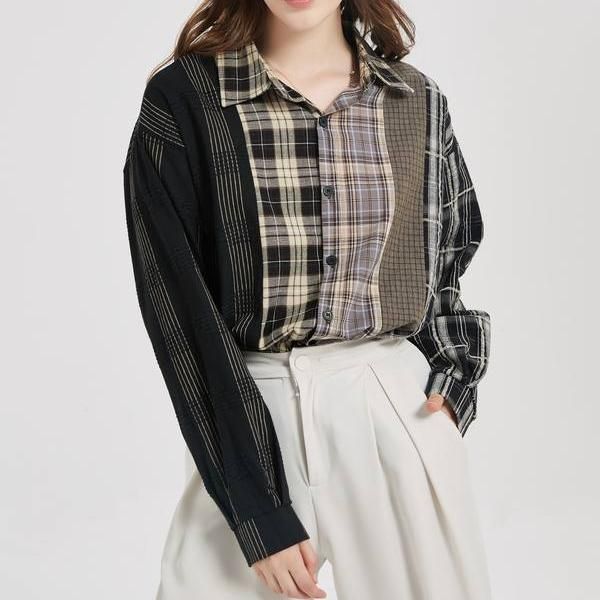 plaid patchwork button-up shirt, view 5 - MRSLM
