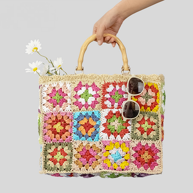 bohemian floral tote bag with bamboo handles, view 3 - MRSLM