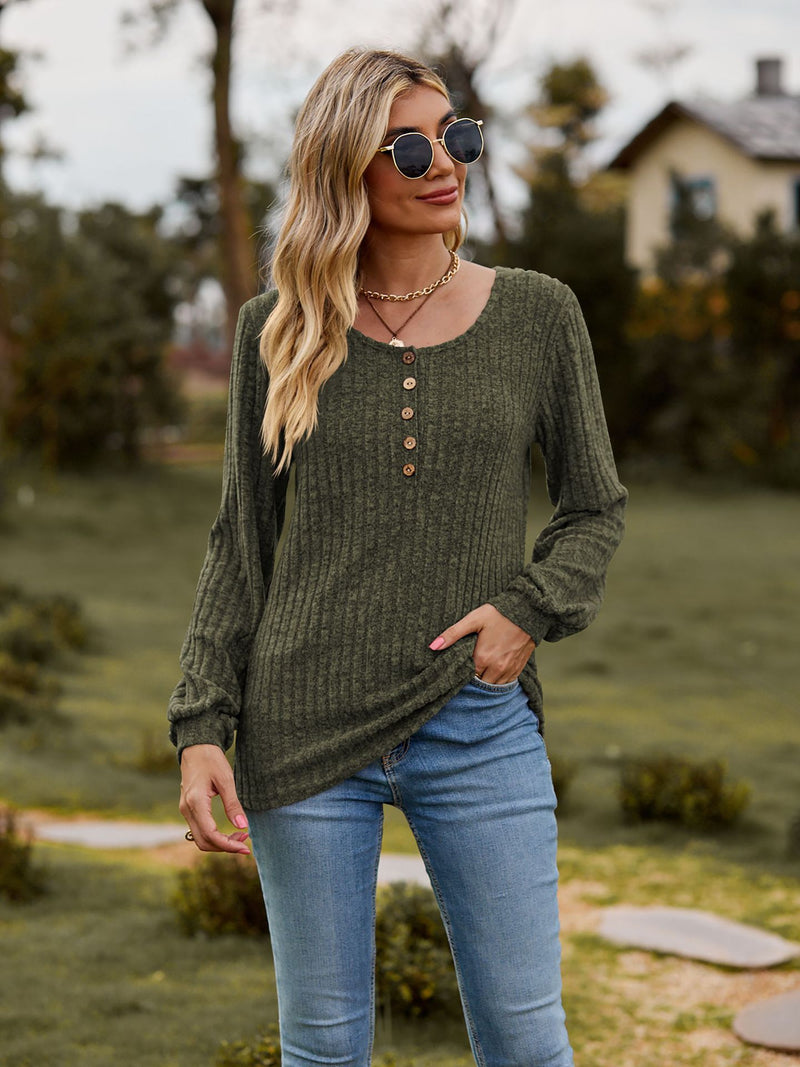 women's brushed sunken stripe button top, view 2 - MRSLM