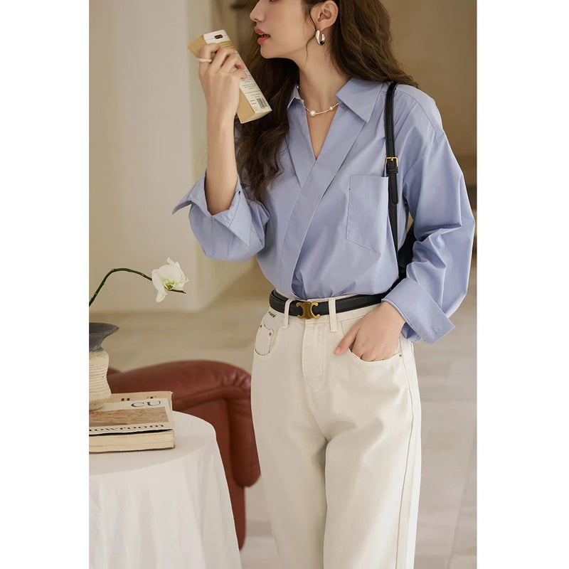 retro v neck long sleeve shirt for women, view 9 - MRSLM