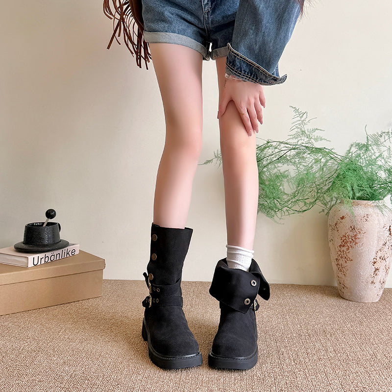 Women's suede platform buckle biker boots, view 8 - MRSLM