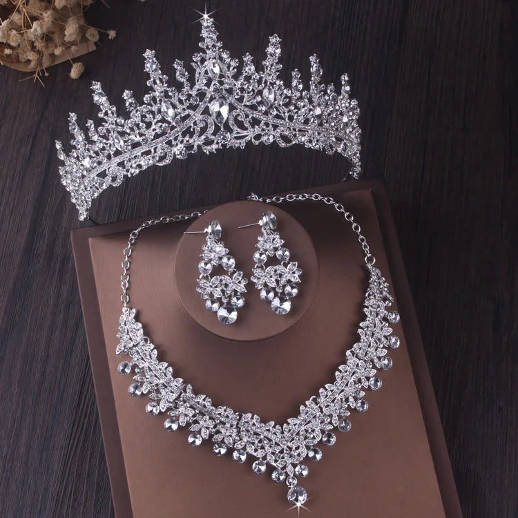 Crystal bridal jewelry set with choker, earrings and tiara, view 2 - MRSLM