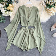 bell sleeve chiffon shirt and wide leg shorts set, view 5 - MRSLM