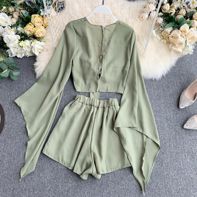 bell sleeve chiffon shirt and wide leg shorts set, view 5 - MRSLM