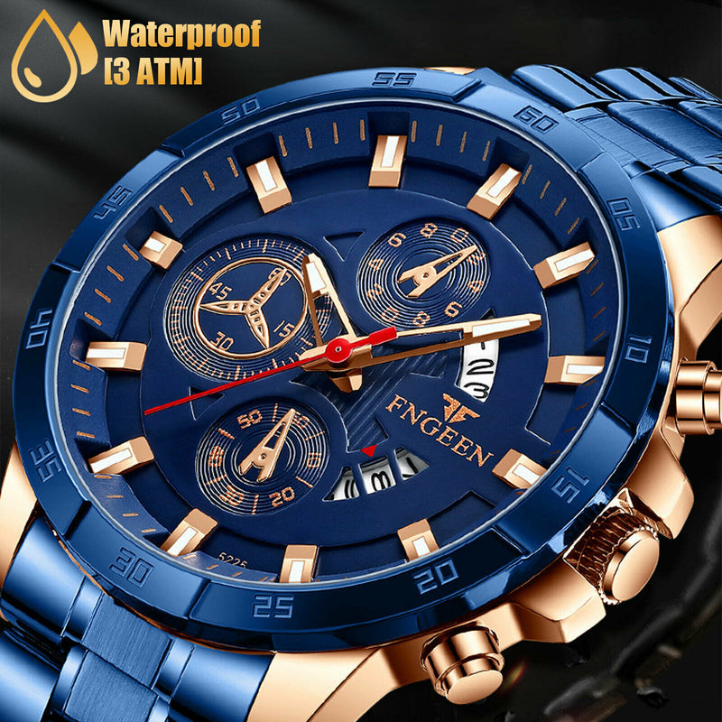 men's blue dial stainless steel quartz watch, view 2 - MRSLM