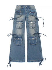 women's multi-pocket washed drawstring bootcut jeans, view 6 - MRSLM
