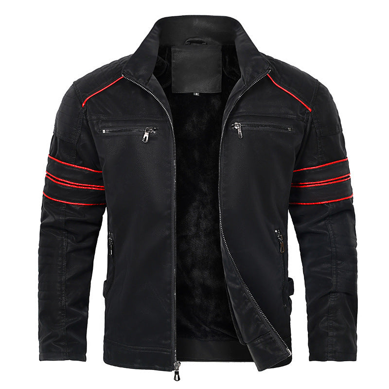 mens stand collar brushed pu leather jacket, view 5 - MRSLM