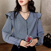 plaid ruffle sleeve v-neck blouse, view 3 - MRSLM