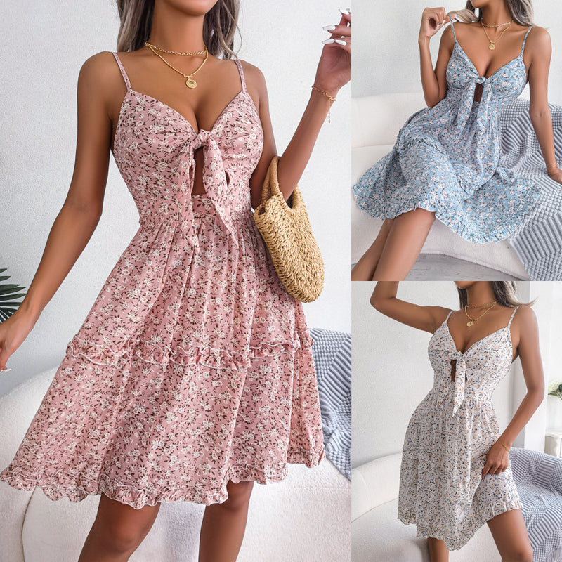 floral bow ruffled chiffon swing dress - MRSLM