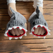 cartoon shark half finger knitted gloves, view 3 - MRSLM