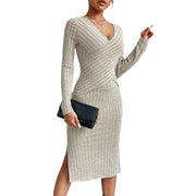 high waist long sleeve slit dress, view 5 - MRSLM