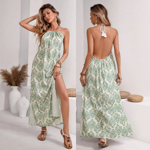 halter tassel lace-up backless slit dress - MRSLM