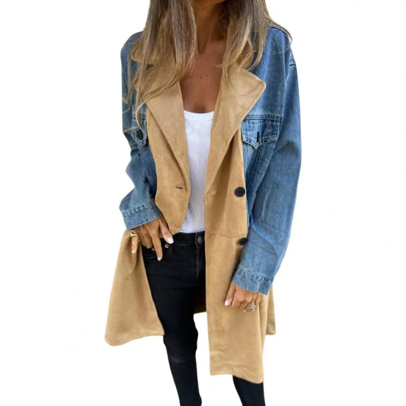 suit collar denim stitching mid-length coat, view 8 - MRSLM