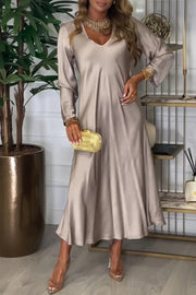 women's v-neck long sleeve solid color dress, view 7 - MRSLM