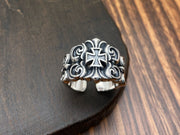 men's silver rattan flower open ring, view 4 - MRSLM