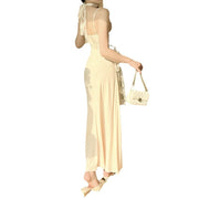 Strap lace patchwork slit dress, view 5 - MRSLM