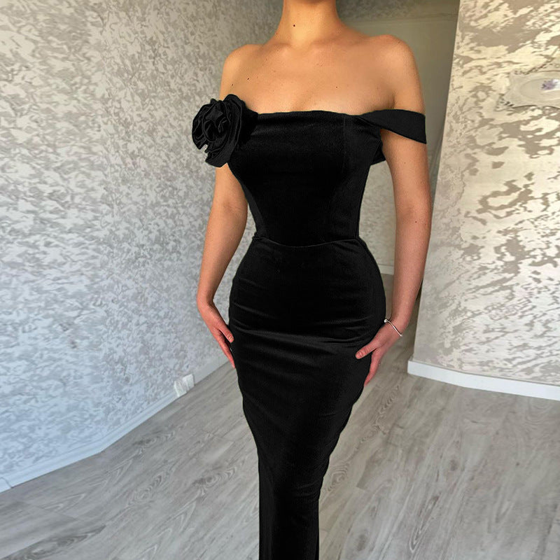 velvet flower off-shoulder dress, view 4 - MRSLM