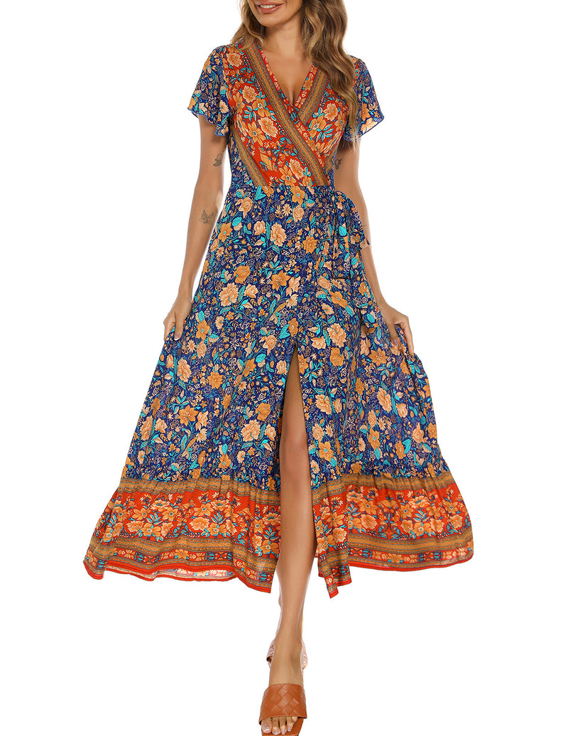 v-neck split bohemian print dress, view 11 - MRSLM